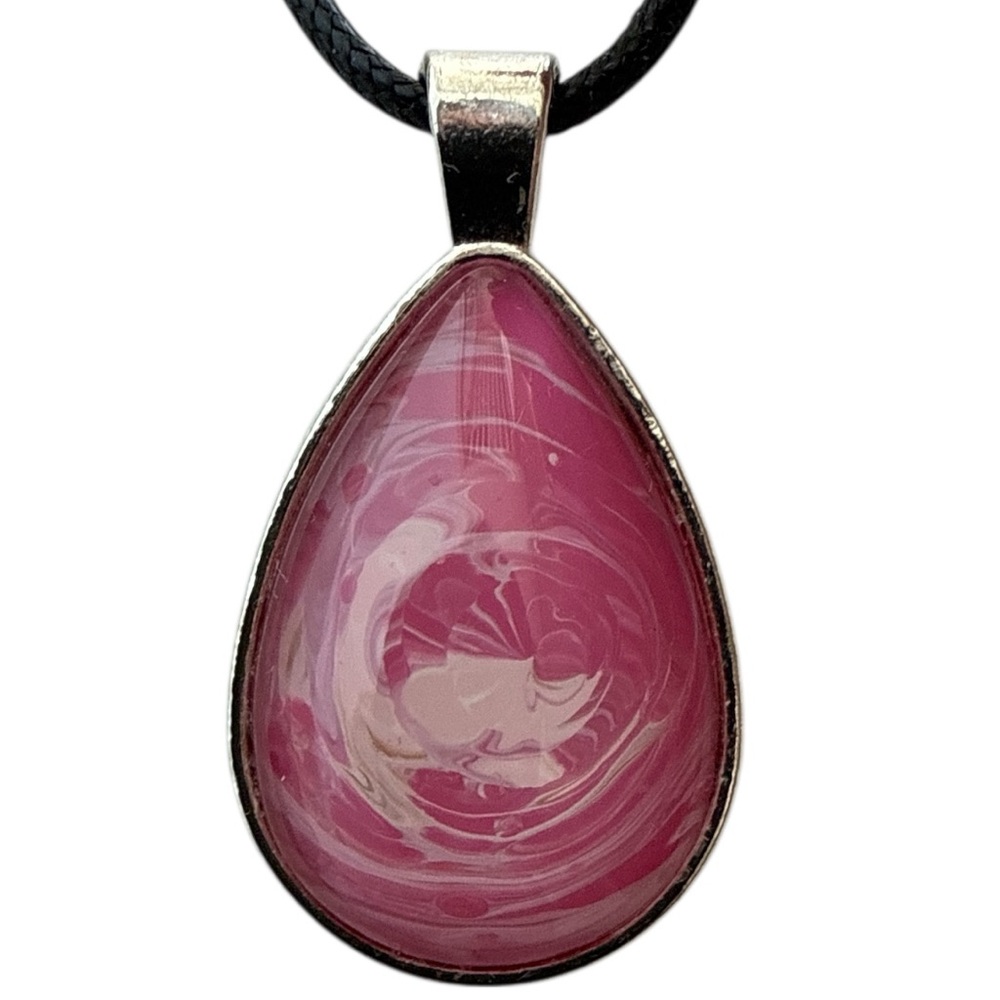 Hand Crafted Necklace Pink White Fluid Art Teardrop Pendant by Svetlana Yeung